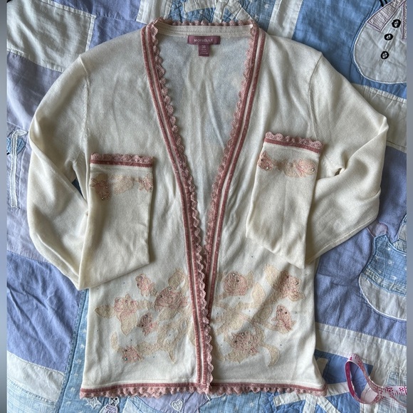 Moiselle Womens Pink White Embroidered Floral Wool Cottagecore Cardigan 2 - Picture 8 of 10